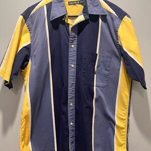 Vintage Nautica Men's Blue and‎ Yellow Striped Shirt,Medium